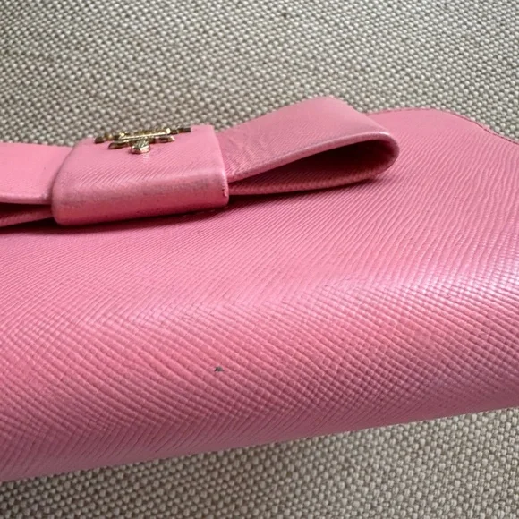 PRADA Zip around Peony Pink Saffiano Bow Wallet. - Picture 12 of 14
